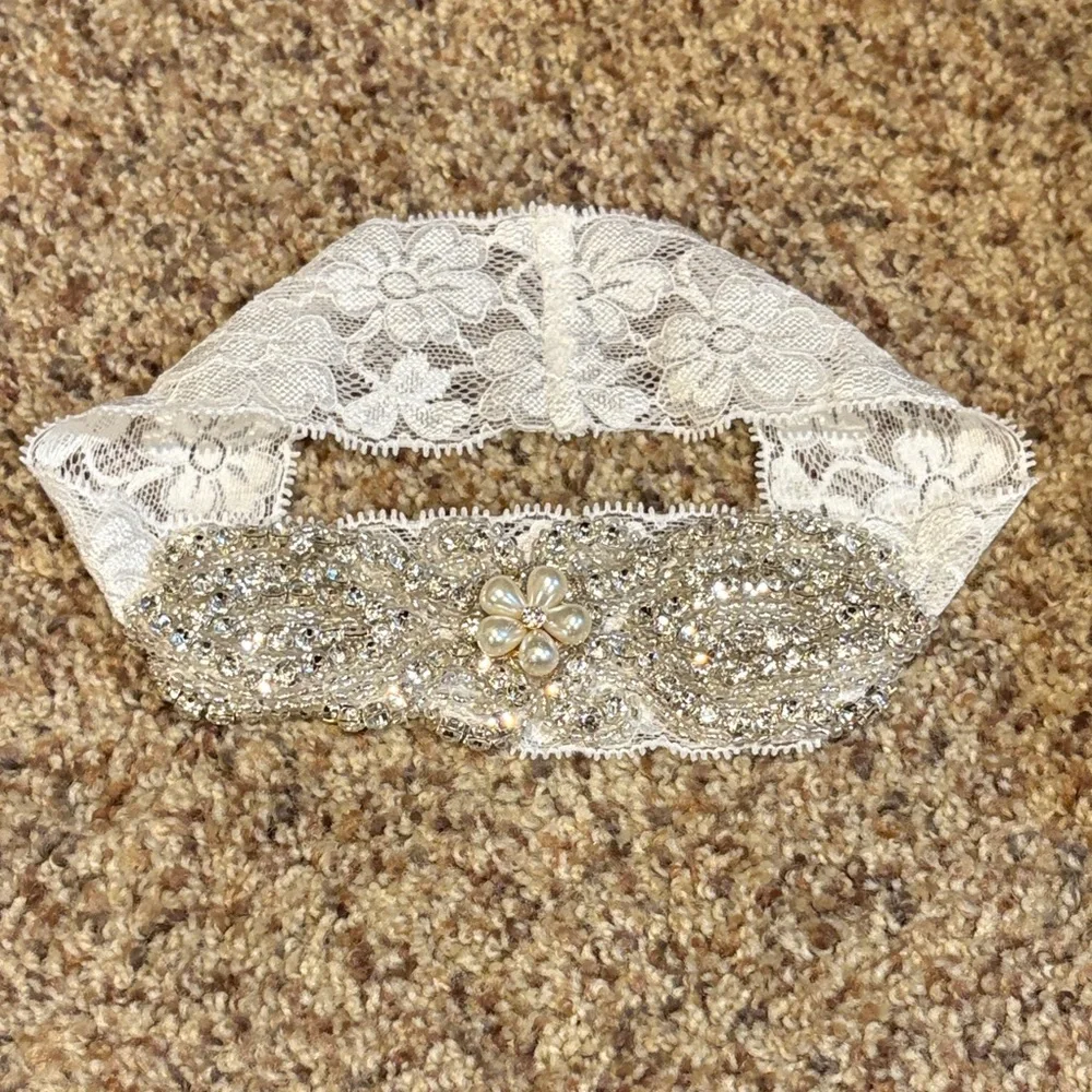 Lace and Beaded Headband or Garter with Pearl Accent